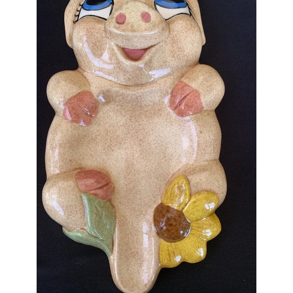 Vintage Anthropomorphic Pig Spoon Rest Flowers Big Eyes Smiling